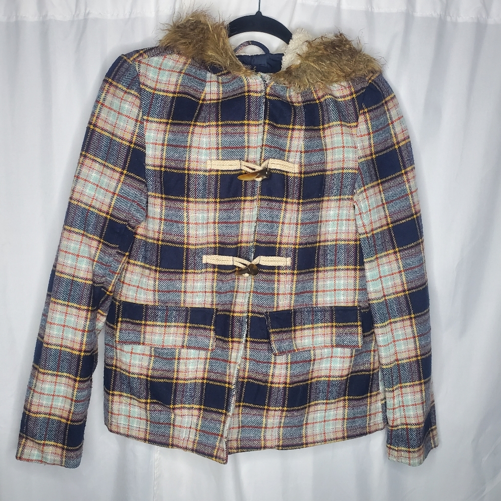 ☆ Vintage Mossimo Plaid Faux Fur Trimmed Hooded Jacket Size Small